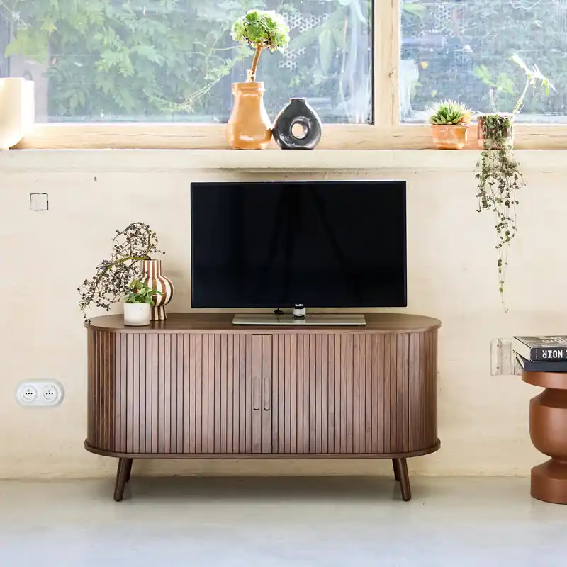 Mueble TV escandinavo con 2 puertas correderas acanaladas efecto madera, 120cm - Muebles de TV