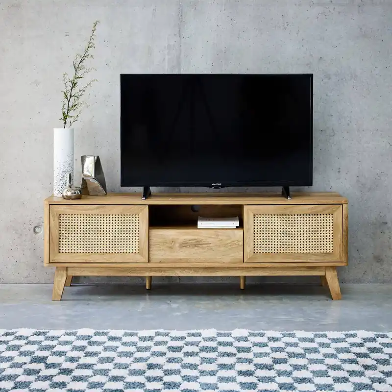 Mueble TV con puertas correderas, taquilla, estante efecto madera y caña 150cm - Muebles de TV