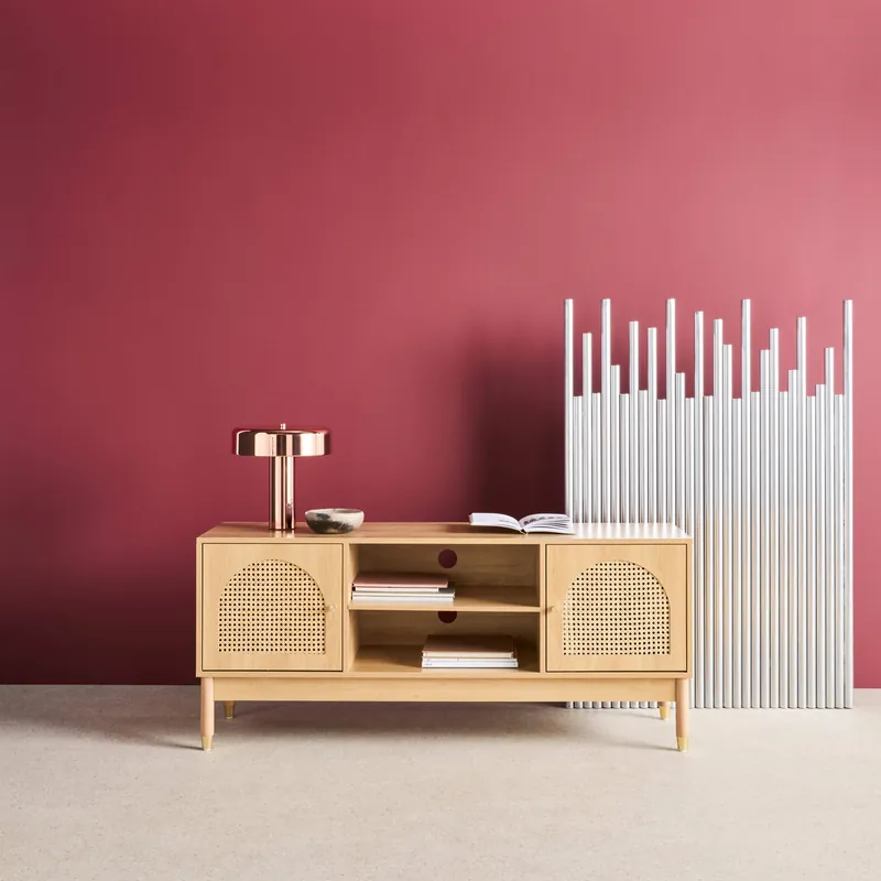 Mueble TV decoración madera y mimbre 2 puertas, 140cm - Muebles de TV