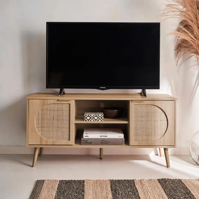 Mueble de TV en madera y caña redondeada, 120cm - Muebles de TV