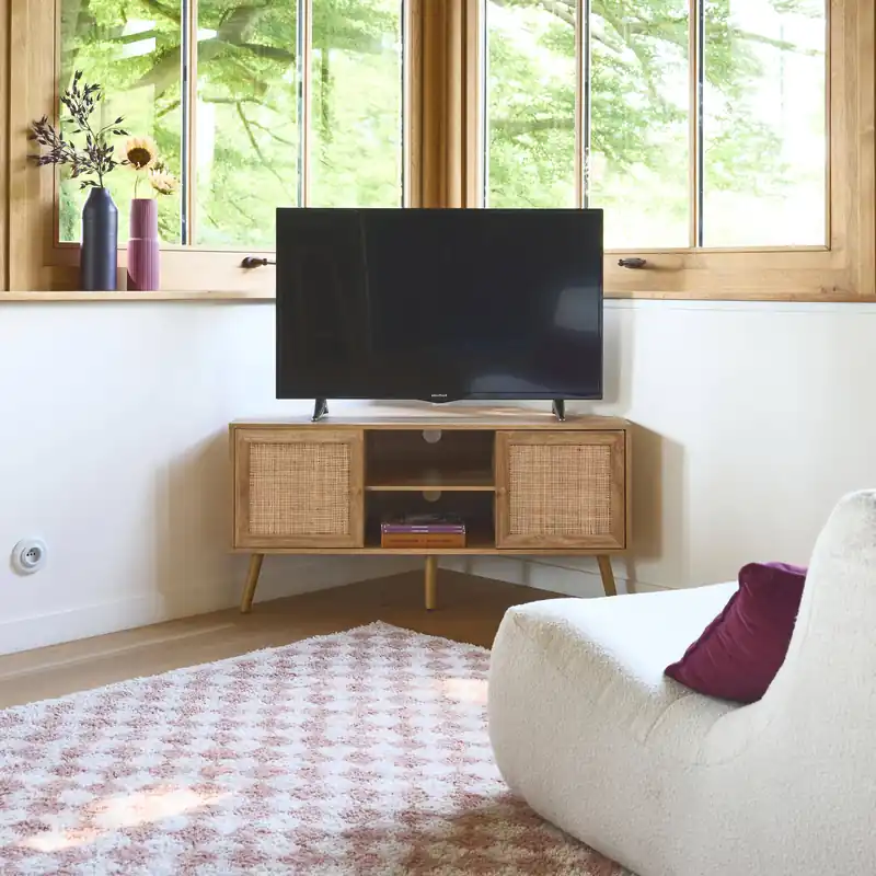 Mueble TV esquinero, madera y caña, 2 puertas, 1 estante, 115cm - Muebles de TV