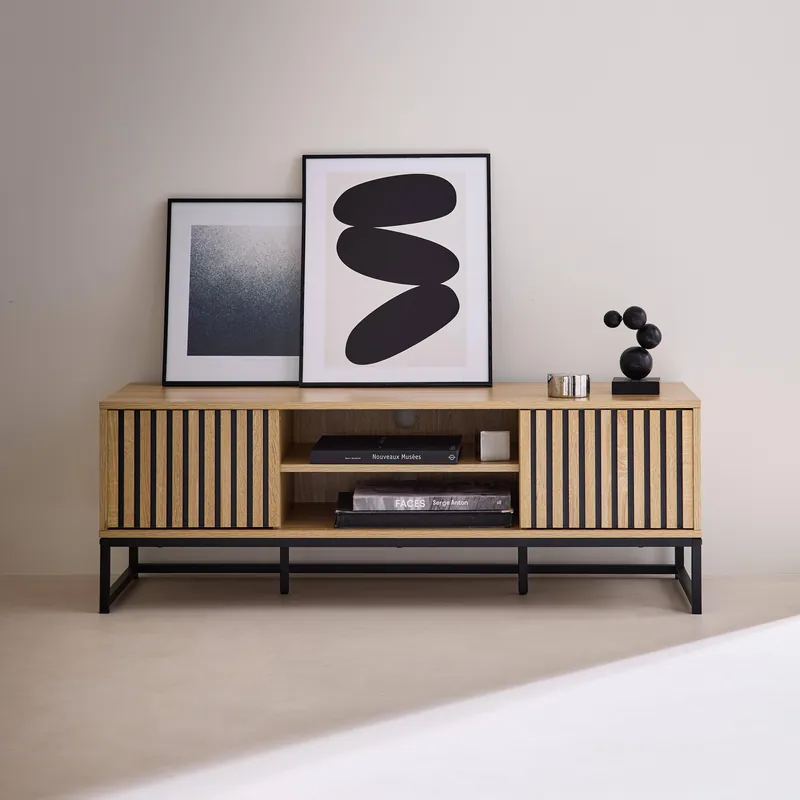 Mueble TV 2 puertas de madera ranurada y metal negro L 120 - Muebles de TV