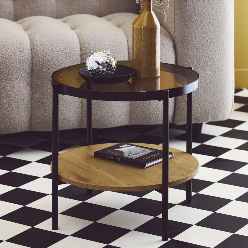 Mesa auxiliar redonda de cristal templado efecto madera y metal negro - Mesas auxiliares