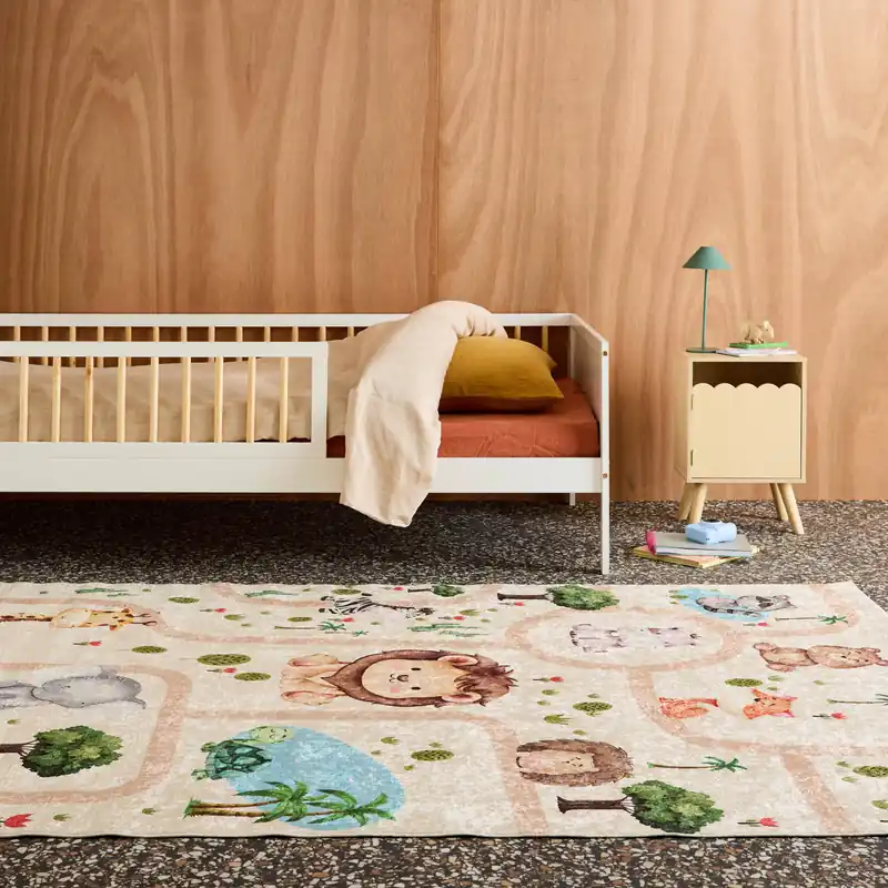 Alfombra interior infantil blanca impresa con animales - Alfombras infantiles
