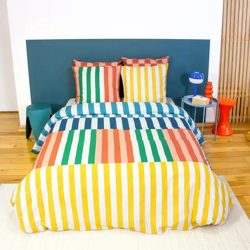 Juego de cama de algodón con estampado de rayas multicolor, 2 plazas - Ropa de cama