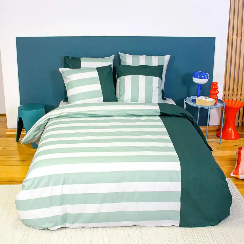 Juego de cama de algodón con estampado de rayas, 2 plazas, blanco y verde - Ropa de cama