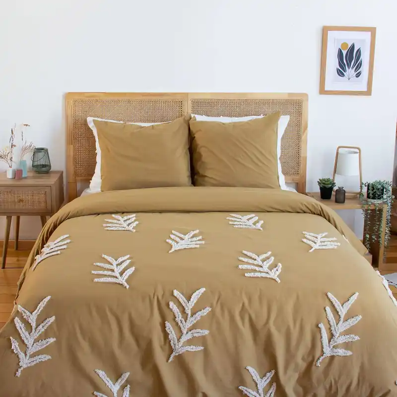 Juego de funda nórdica de algodón mostaza y blanco de 2 plazas - Ropa de cama