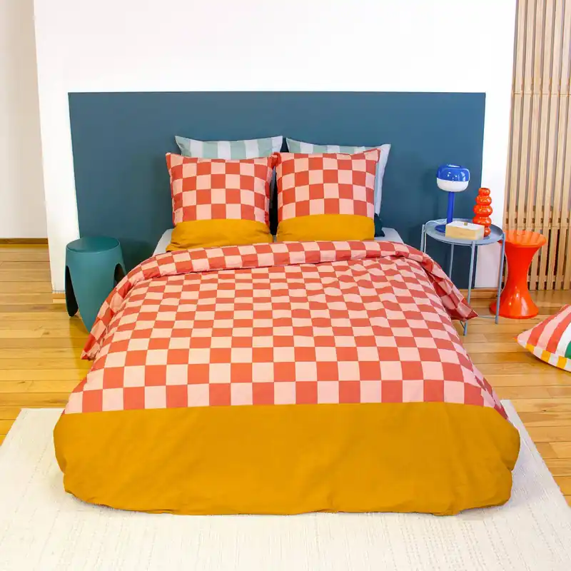Juego de cama de algodón con estampado de damero, 2 plazas rojo y naranja - Ropa de cama