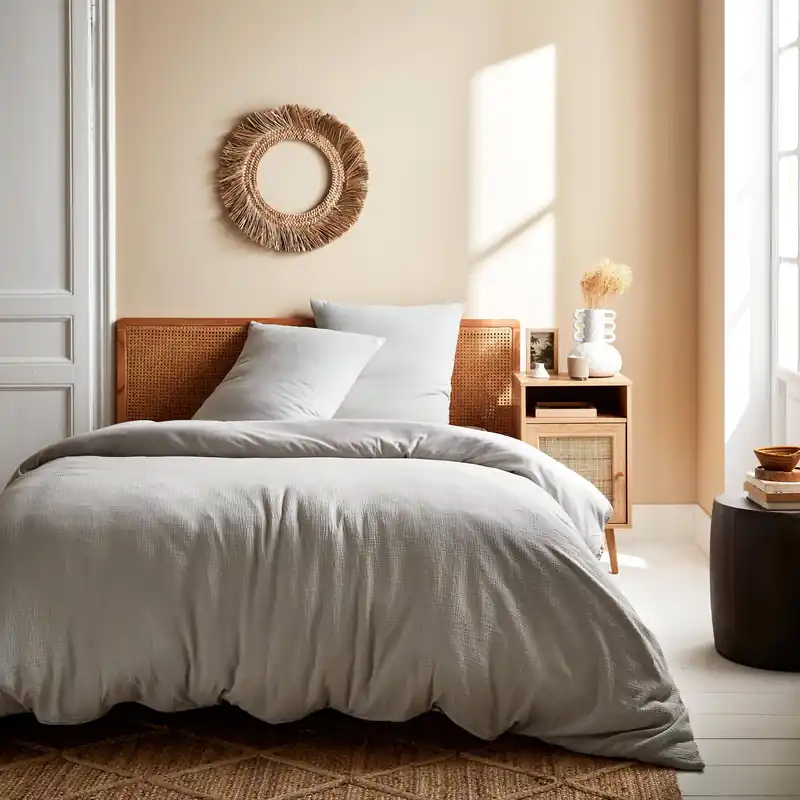 Ropa de cama de gasa de algodón gris claro, 2 plazas