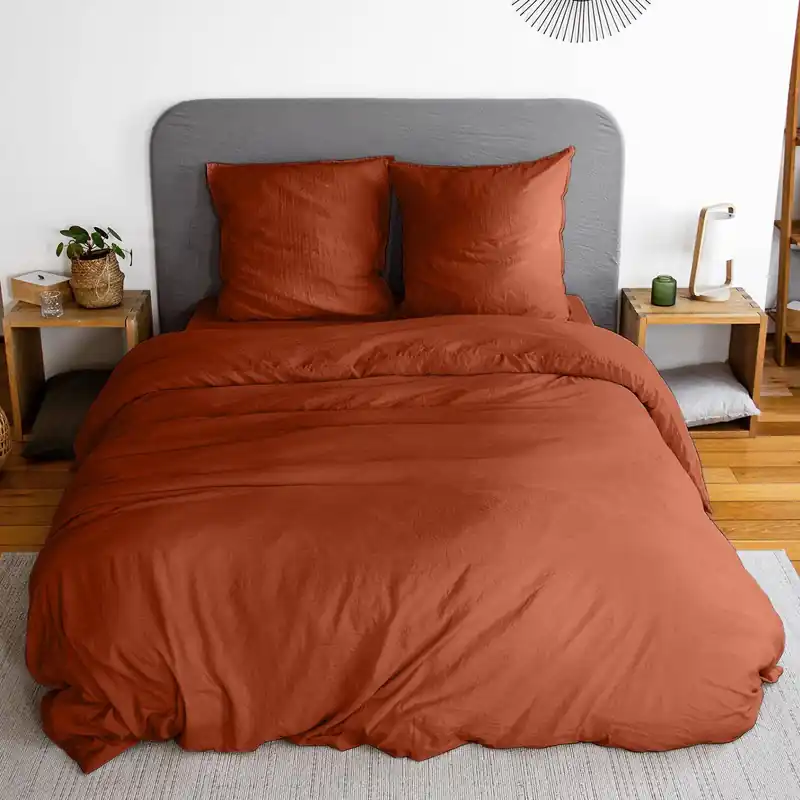 Ropa de cama de microfibra lavada color terracota, 2 plazas