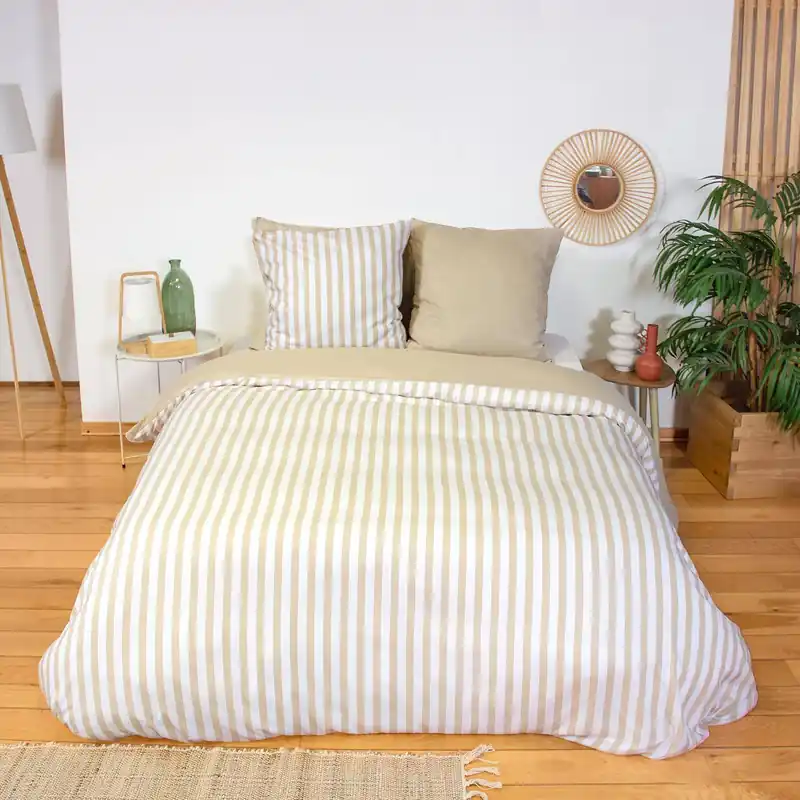 Ropa de cama de microfibra reversible con rayas beige, 2 plazas