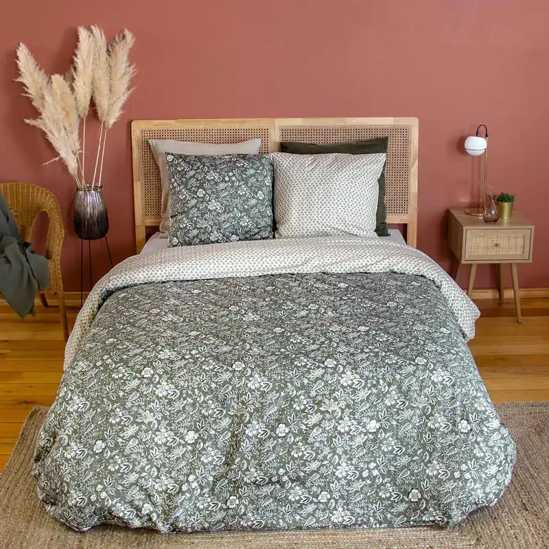 Ropa de cama de algodón y lyocell con estampado floral verde, 2 plazas