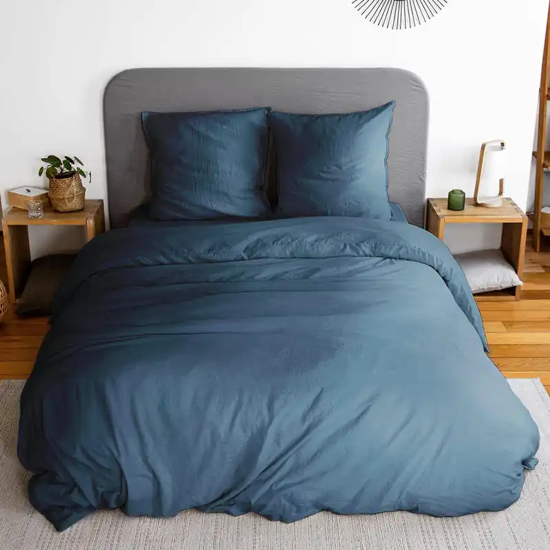 Ropa de cama de microfibra lavada color azul, 2 plazas