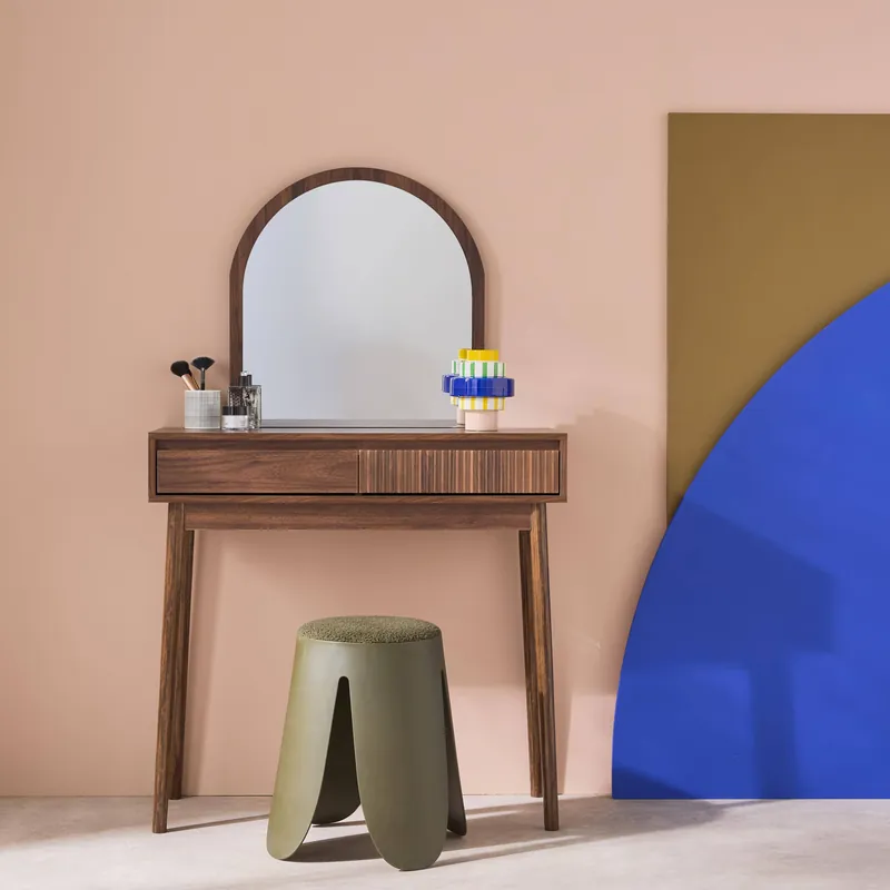 Mueble tocador de madera espejo redondo, 90cm