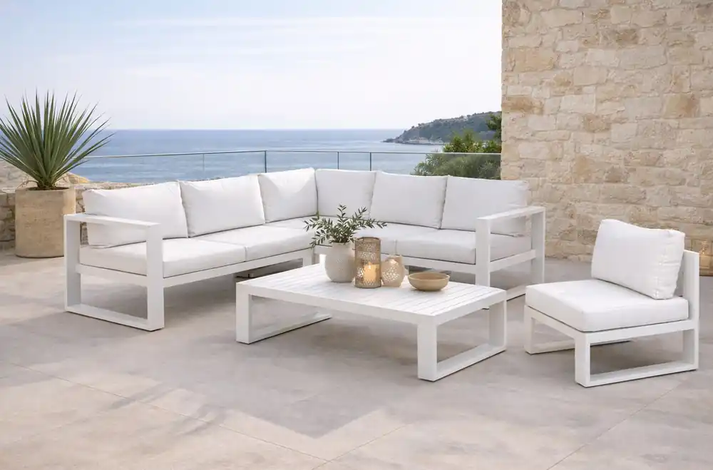 Sofa rinconera de terraza Teide aluminio blanco tapizado nautico blanco 7005B - Sofas terraza