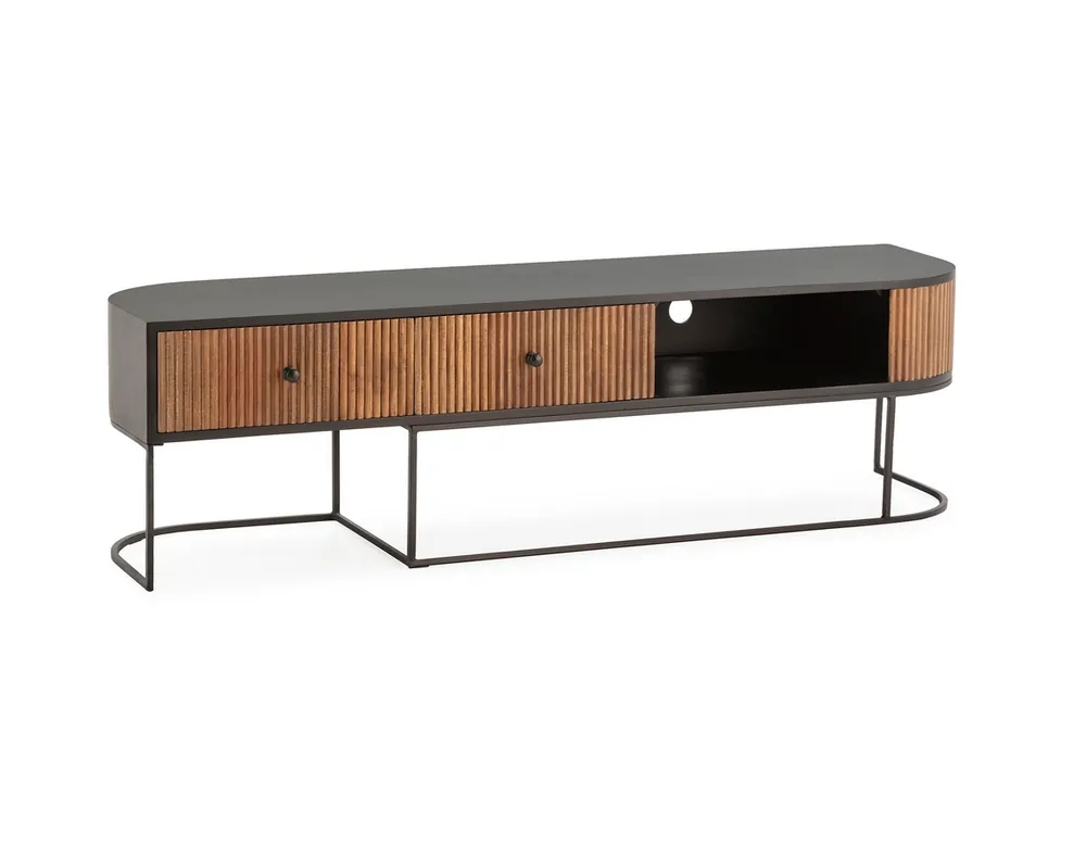 Mueble TV curve madera mango patas metal negro 2 cajones 160cm