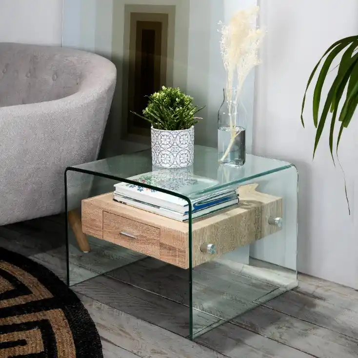 Mesita Sidney cristal cajon roble 55×50 - Mesitas de noche