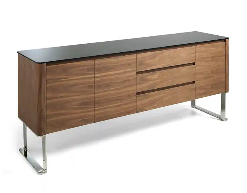 Aparador Ramina de madera nogal y tapa de cristal negro 200x50cm - Aparadores