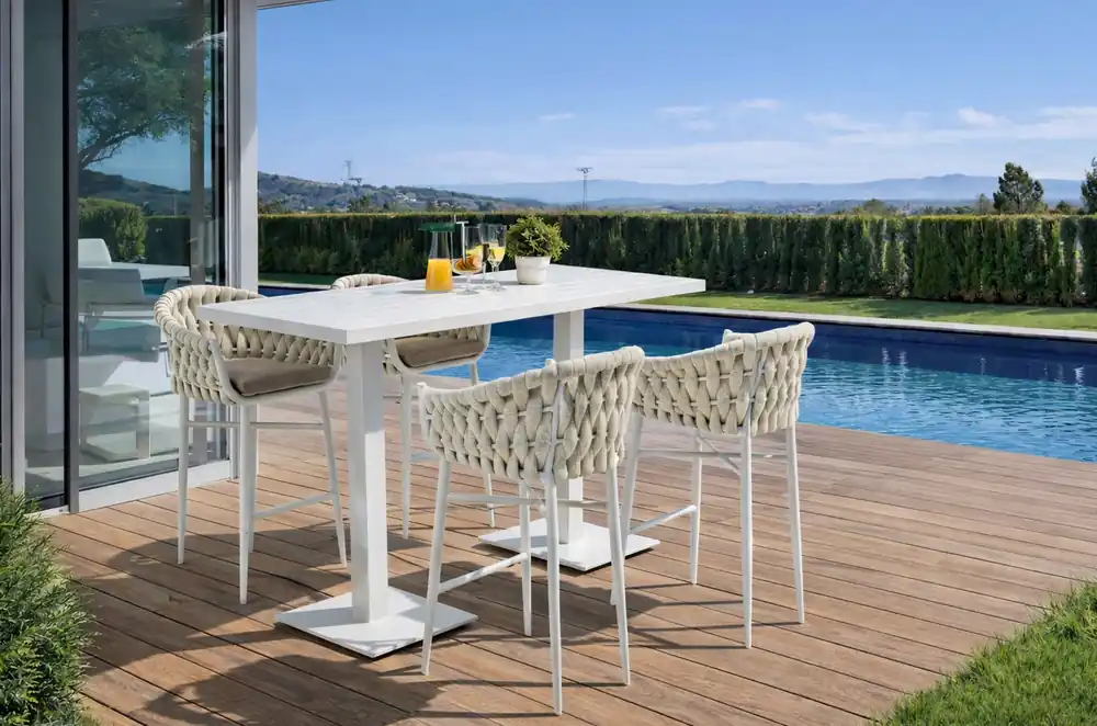 Conjunto de terraza Tuy mesa alta rectangular taburetes cuerda blanco - Conjuntos aluminio
