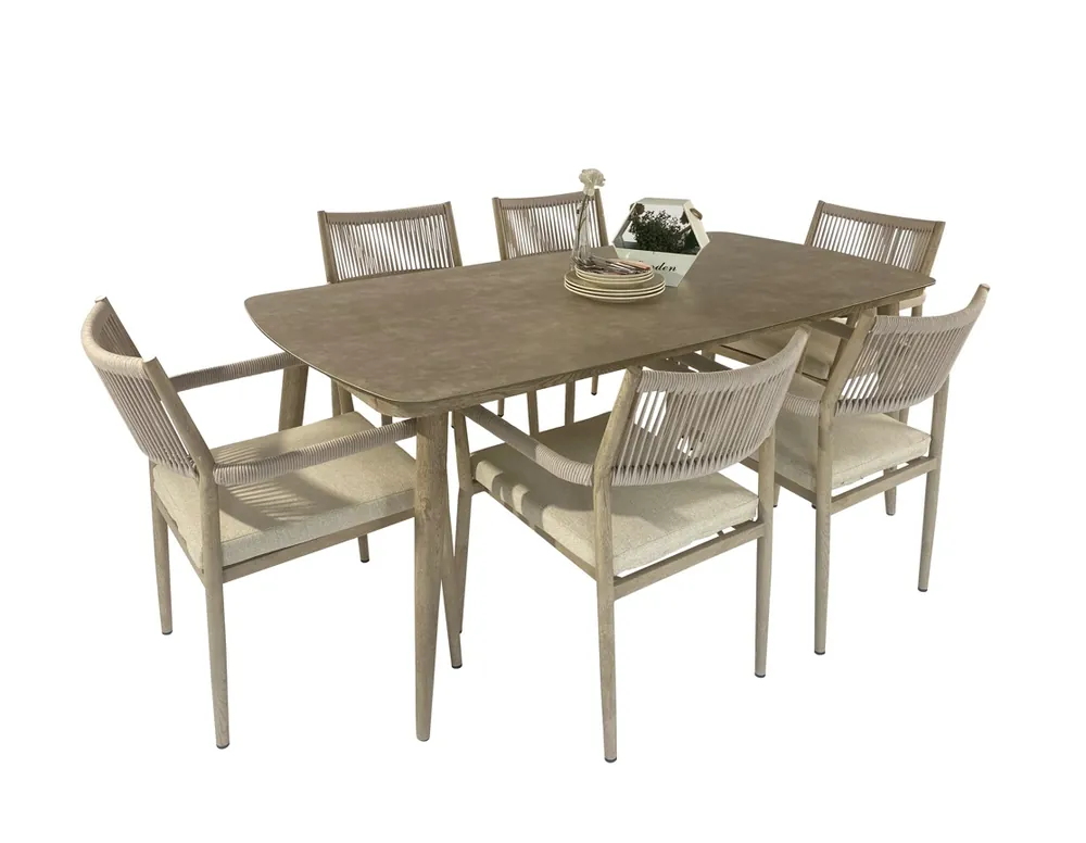 Set comedor terraza Macarella porcelanico madera cuerda beige - Conjuntos aluminio