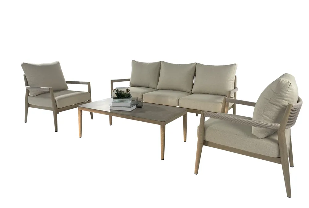 Set terraza formentor aluminio imitacion madera con fibra asiento beige - Sofas terraza