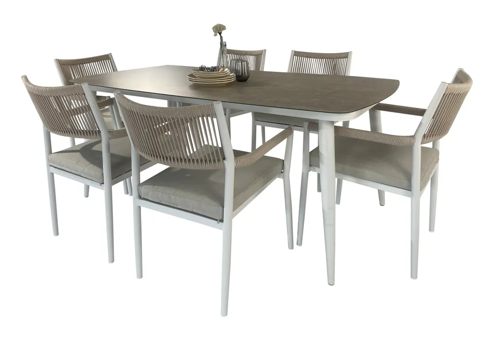Set comedor terraza Macarella porcelanico aluminio blanco cuerda beige - Conjuntos aluminio