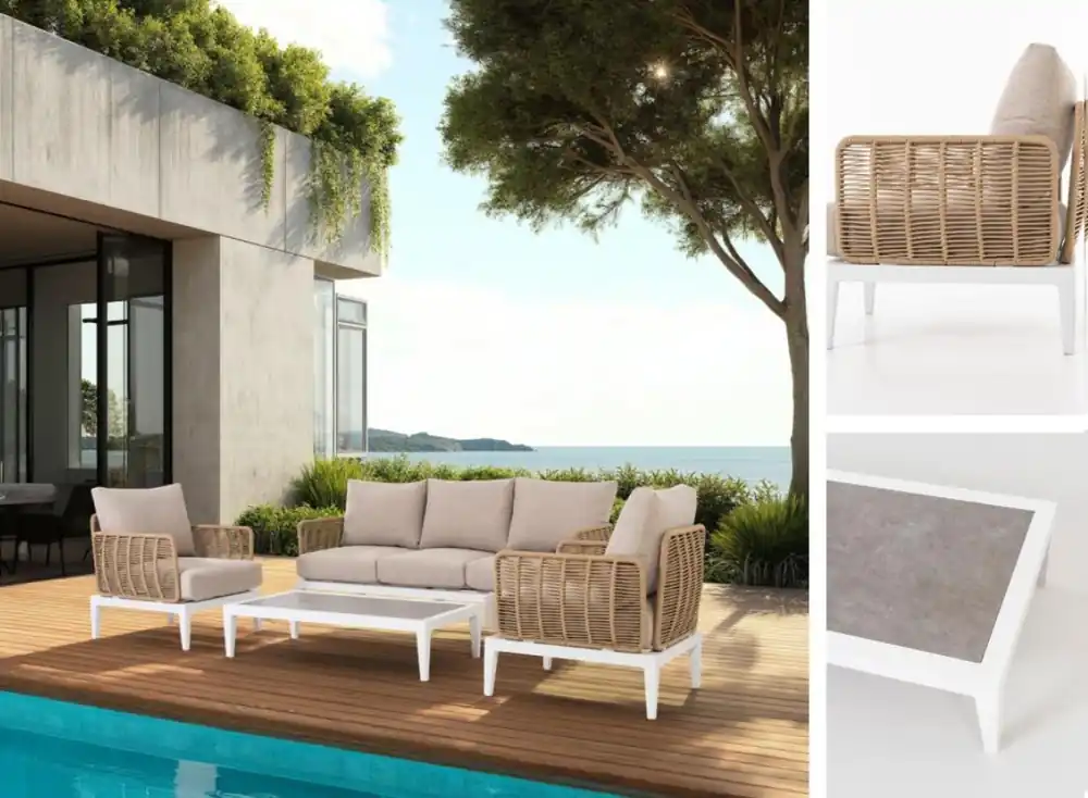 Set terraza Granadella aluminio blanco cuerda sintetica asiento beige - Sofas terraza