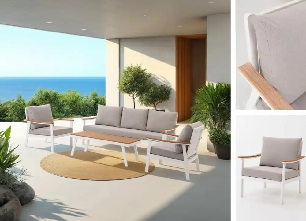 Set de Terraza Corinto aluminio blanco madera tejido beige - Sofas terraza