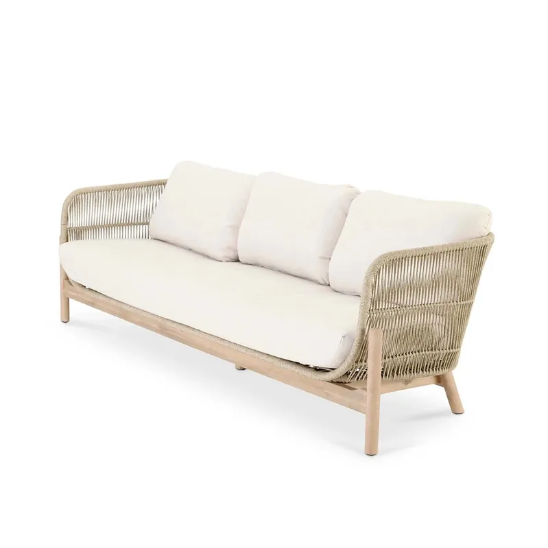 Sofá de Exterior 3 Plazas Talara madera cuerda cojines natural 230 cm - Sofas terraza