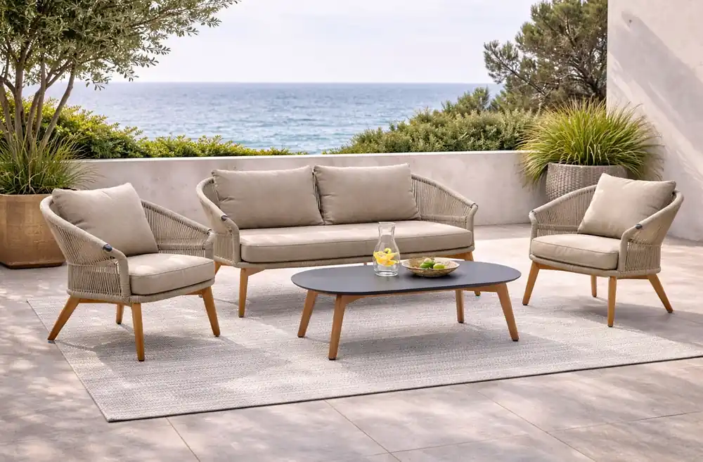 Set terraza Fire cuerda taupe patas teca look - Sofas terraza