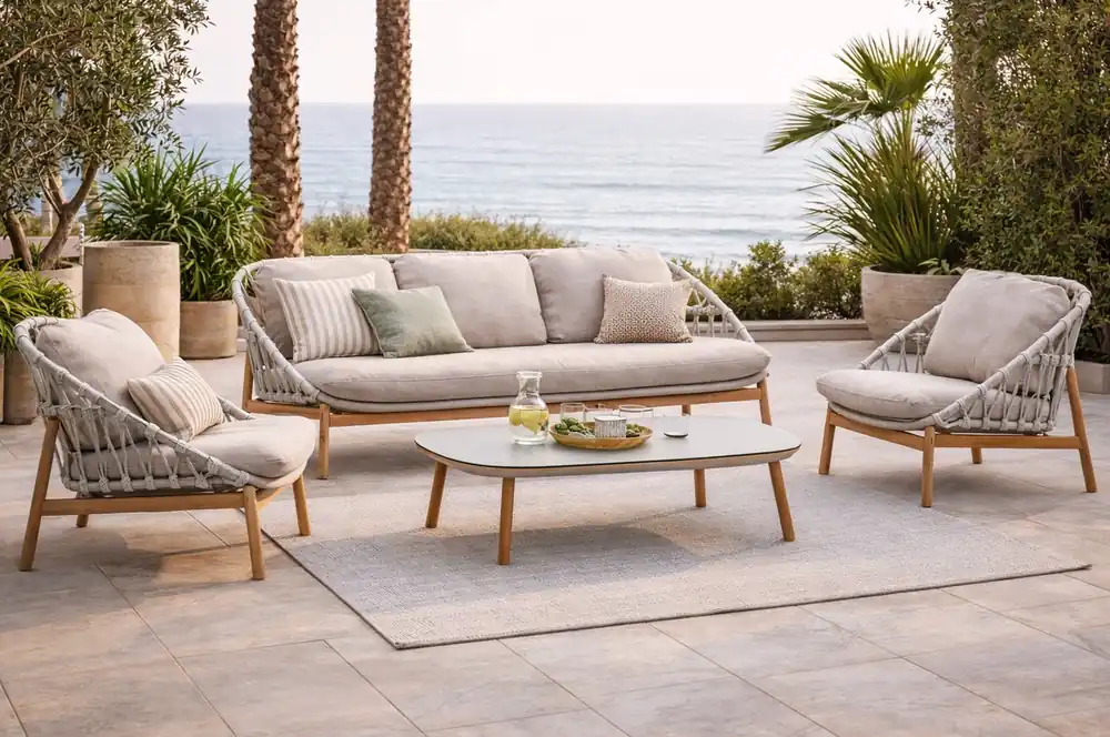 Set sofas terraza Garbo aluminio madera cuerda natural