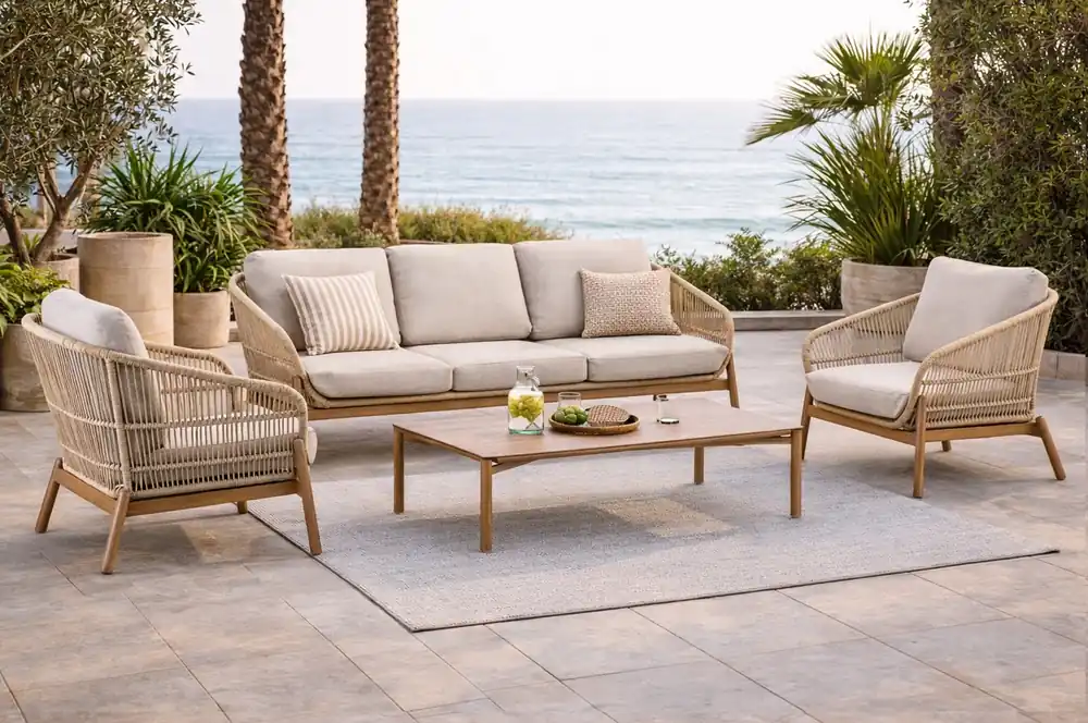 Set terraza Tyron cuerda natural teca look - Sofas terraza