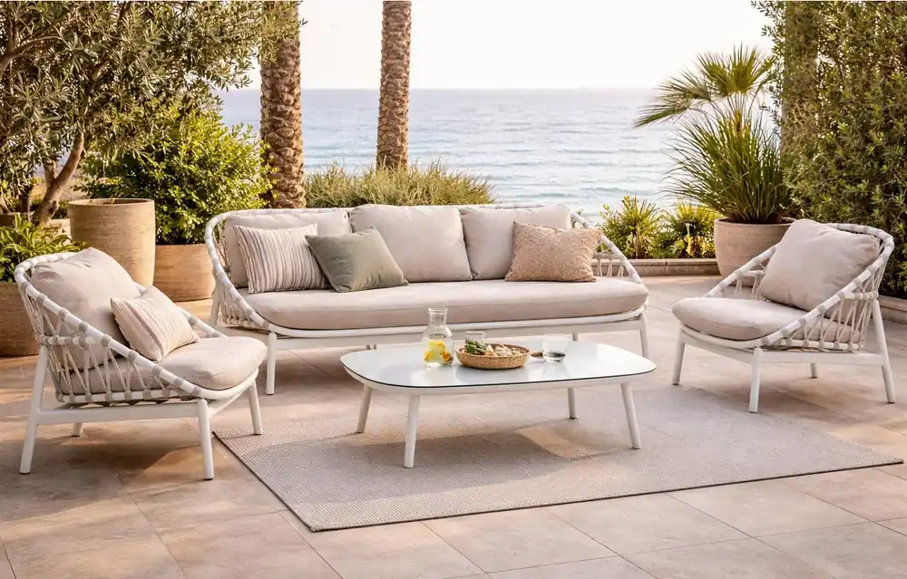 Set sofas terraza Greta aluminio blanco cuerda natural