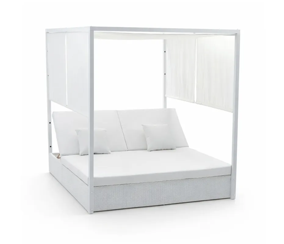 Cama Balinesa de jardín en ratán blanco aluminio blanco - Tapizado nautico