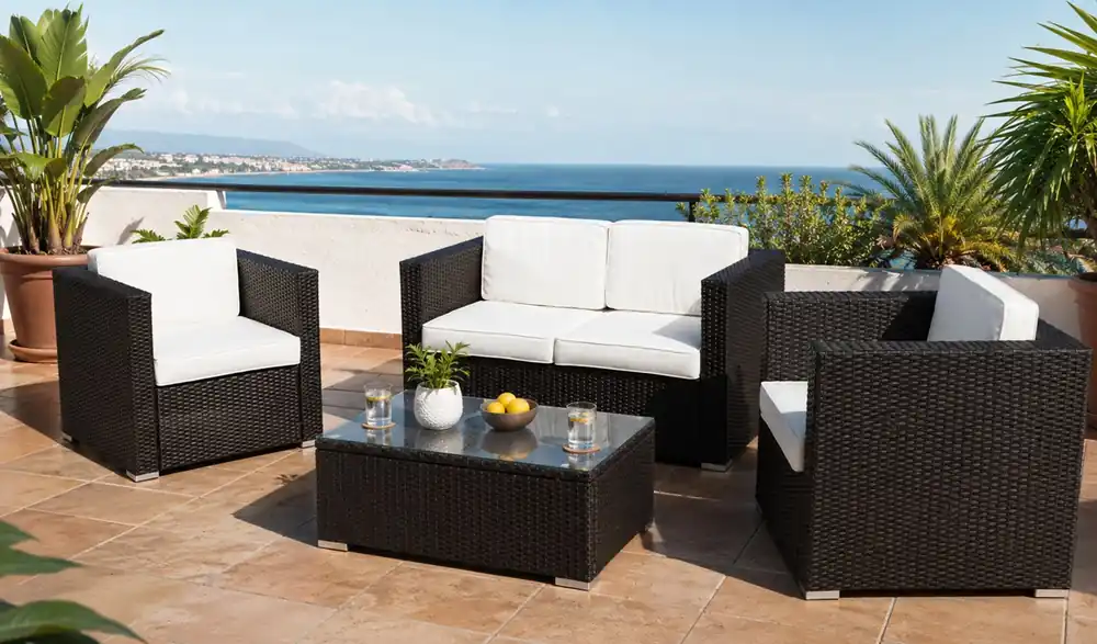 Set de Sofás de Terraza Puerto Rico en Ratán chocolate cojines blanco - Sofas terraza