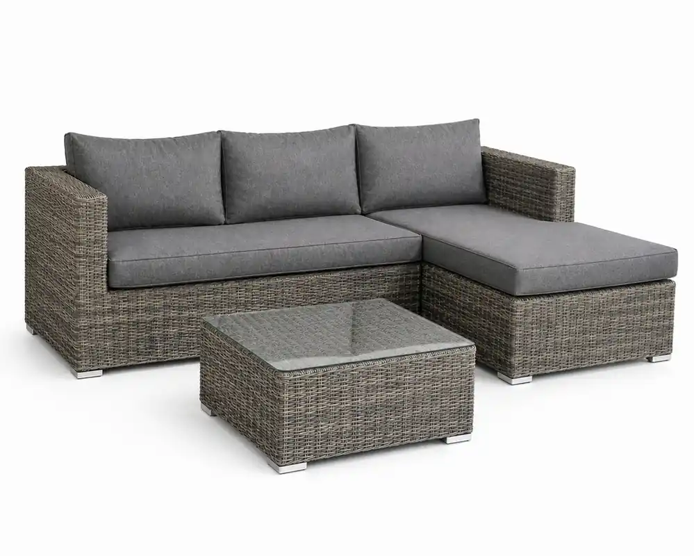 Sofá de terraza modular Tanna – Conjunto de jardín en ratán gris sofa dos plazas, chaiselonge y mesa de centro - Sofas terraza