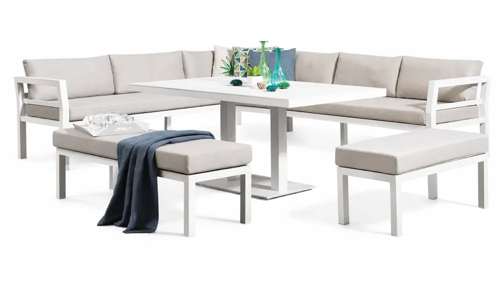 Set Miami sofa terraza aluminio blanco con mesa de comedor - Sofas terraza