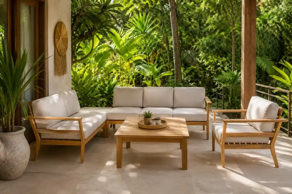 Sofá Esquinero de Terraza Hanoi de Madera Natural con Cojines Taupe - Sofas terraza
