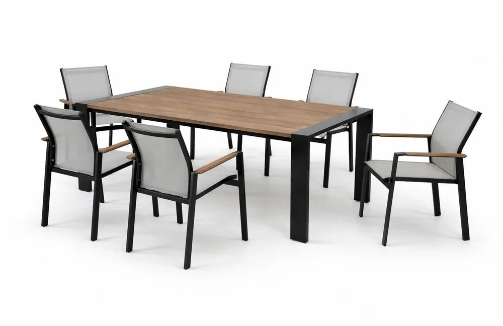 Conjunto de terraza Líbano Mesa 6 sillones aluminio gris antracita madera natural - Conjuntos madera