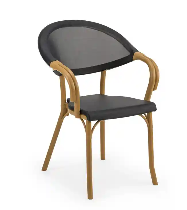 Sillon clasico curvo Flash textilene negro dorado madera - Sillas hosteleria