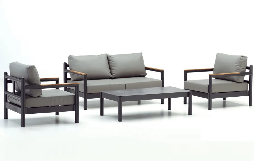 Set Lisboa sofas tapizado nautico gris y teka 4 plazas - Sofas terraza