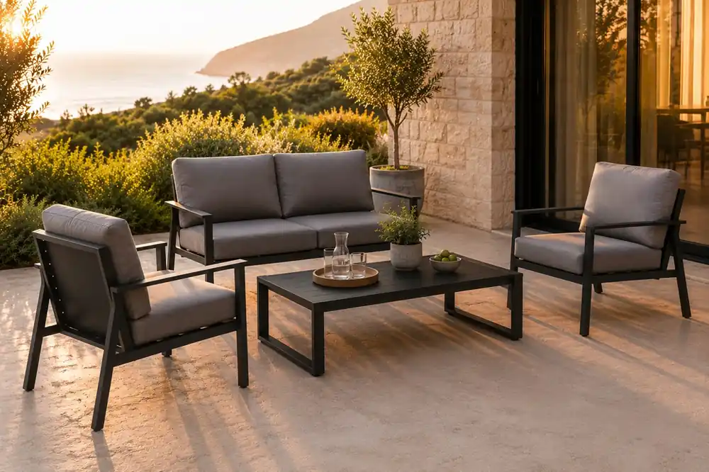 Set terraza Aurora aluminio antracita Spunpoly gris gris con sofa 2 plazas dos butacas mesa centro - Sofas terraza