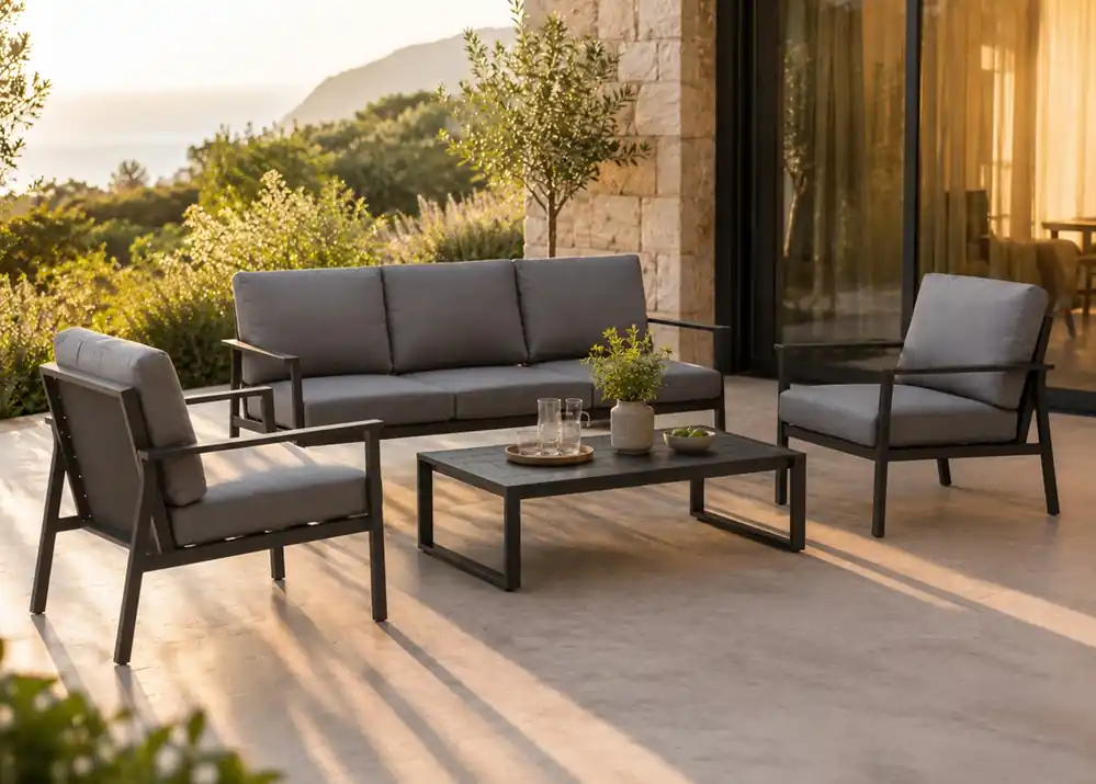 Set sofa terraza aurora aluminio antracita Spunpoly gris con sofa 3 plazas dos butacas mesa centro - Sofas terraza
