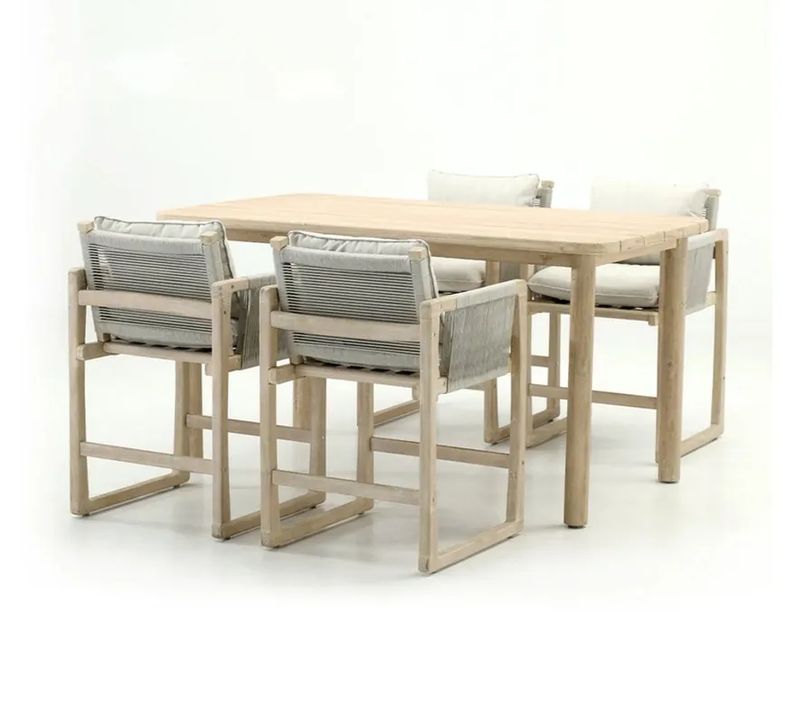 Conjunto Glacier mesa alta y 4 sillas altas de exterior en madera de acacia cuerda beige con cojines - Conjuntos madera