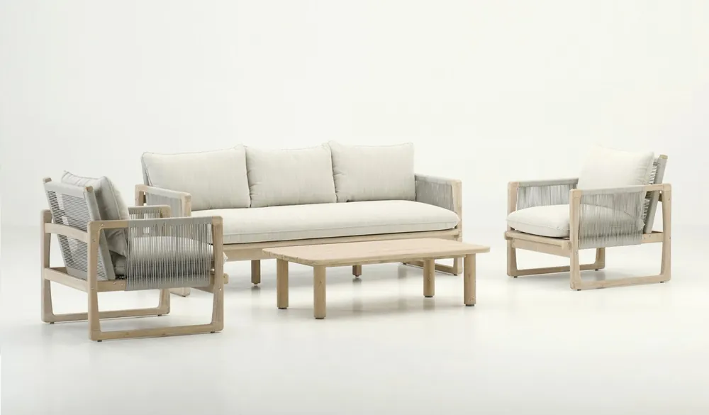 Set Glacier de terraza en madera de acacia Sofá 3 plazas 2 sillones y mesa de centro - Sofas terraza