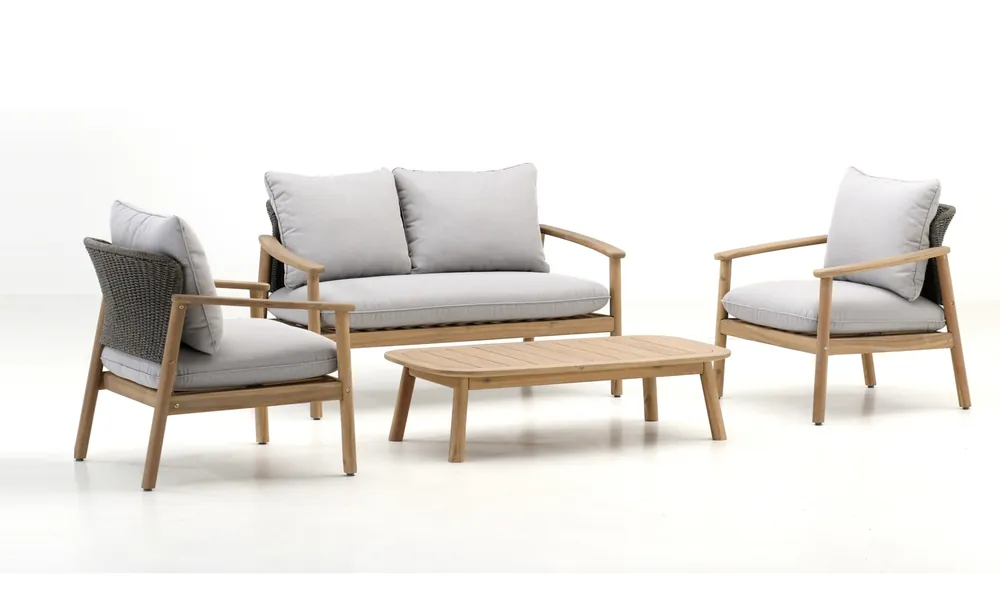 Logan set 4 plazas madera acacia cuerda y cojines gris - Sofas terraza