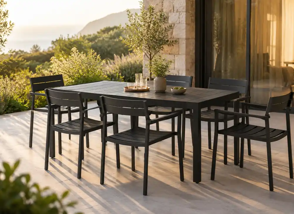 Aurora conjunto terraza alumino antracita 6 sillas mesa 160×80 - Conjuntos aluminio