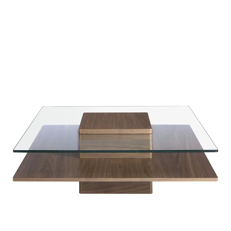 Mesa centro cuadrada de cristal templado y madera nogal - Mesas de centro y auxiliares