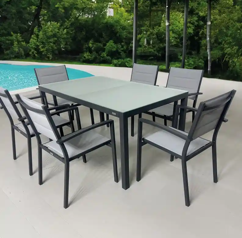 Conjunto de terraza aluminio antracita Benidorm 150×90 6 sillones - Mesas de alumnio