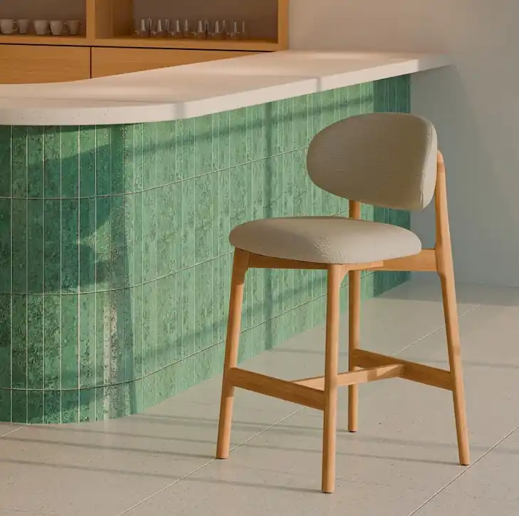Taburete RENZO madera natural tela beige - Taburetes y puff